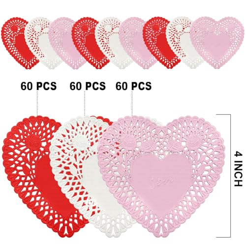 FUGUIR 180 Pcs 4 Inch Mini Valentine Heart Doilies Heart Shaped Paper Lace Doilies with 3 Colors Red Pink White Valentine Craft Gift Set for Wedding Birthday Party Decoration - Image 3