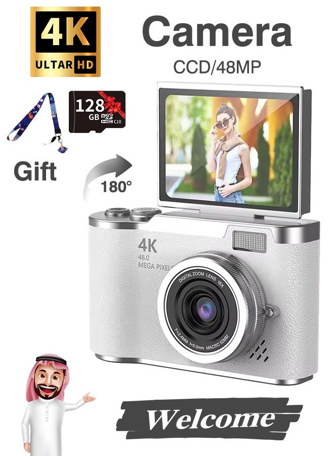 ديقيساند كاميرا رقمية مزودة ببطاقة ذاكرة SD سعة 128 جيجابايت، كاميرا رقمية بدقة 4K مع تقريب رقمي، كاميرا تصوير محمولة بدقة 48 ميجابكسل، كاميرا سيلفي بشاشة قابلة للطي 180 درجة، هدية مجانية: حبل تعليق وملصقات كرتونية - Image 1