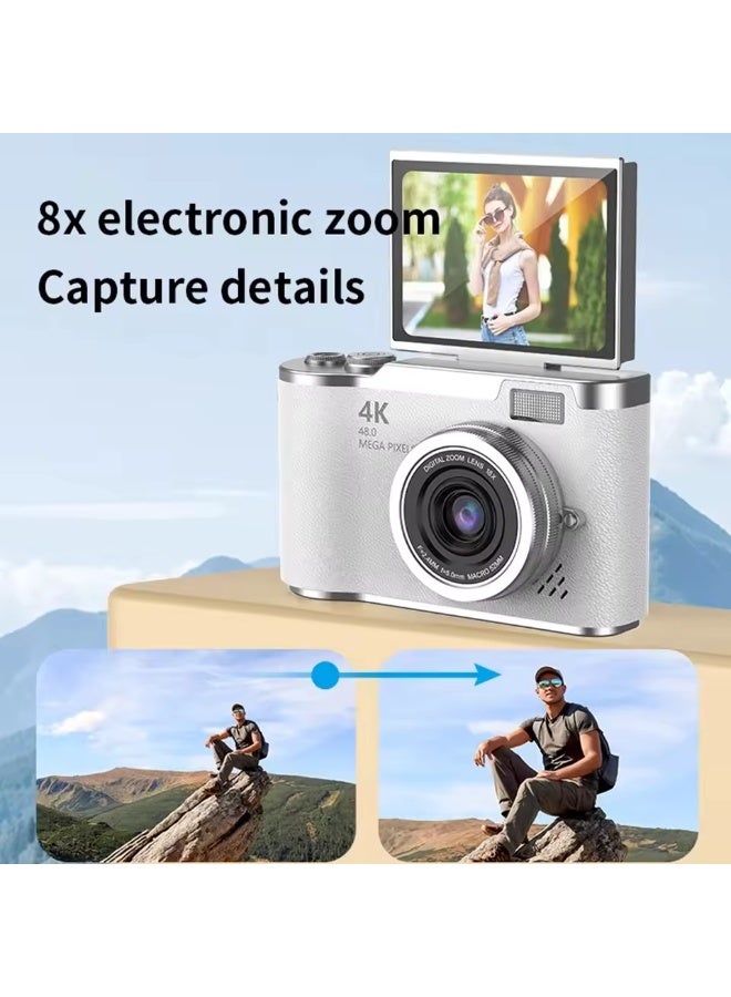 ديقيساند كاميرا رقمية مزودة ببطاقة ذاكرة SD سعة 128 جيجابايت، كاميرا رقمية بدقة 4K مع تقريب رقمي، كاميرا تصوير محمولة بدقة 48 ميجابكسل، كاميرا سيلفي بشاشة قابلة للطي 180 درجة، هدية مجانية: حبل تعليق وملصقات كرتونية - Image 3