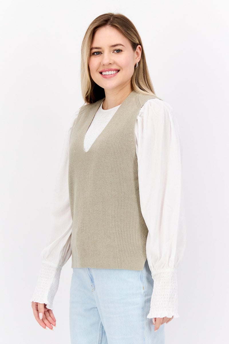 ESPRIT Women V Neck Sleeveless Textured Sweater Vest, Grey - Image 2