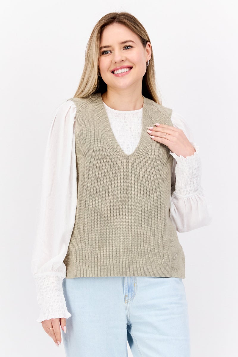 ESPRIT Women V Neck Sleeveless Textured Sweater Vest, Grey - Image 1