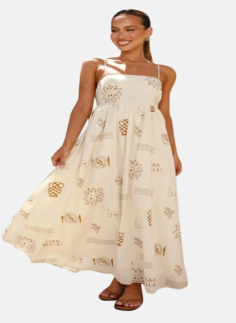 يونيكي White Printed Sleeveless Fit and Flare Maxi Dress