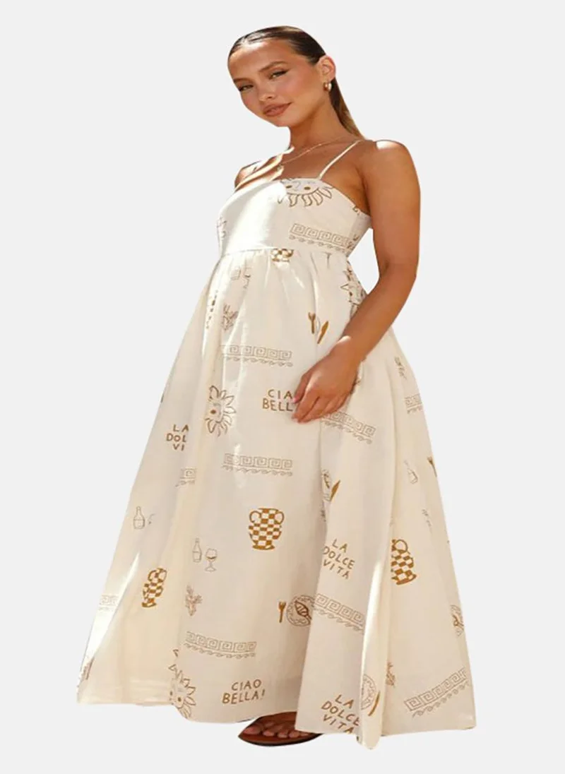 يونيكي White Printed Sleeveless Fit and Flare Maxi Dress