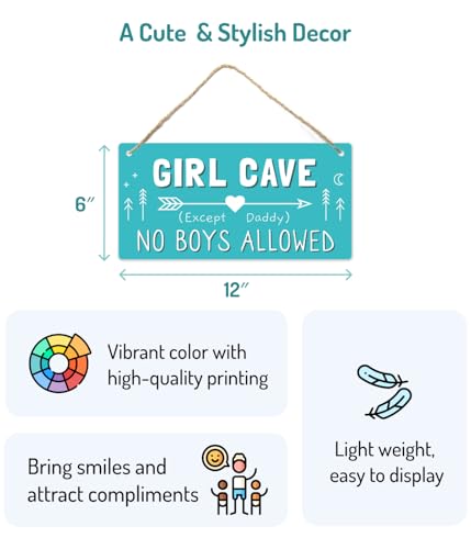 Fun-Plus Girl Cave Sign, 12″x6″ PVC Plastic Wall Decoration Hanging Sign, High Precision Printing, Water Proof, Girls Only Room Decor, No Boys Allowed Except Daddy for Girls Bedroom - Image 2