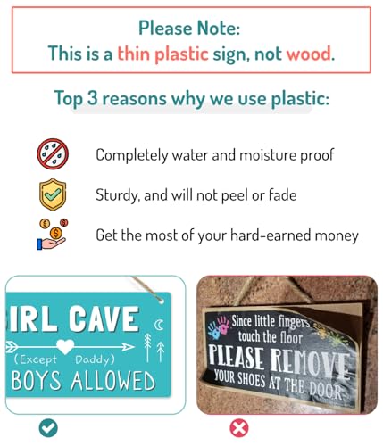 Fun-Plus Girl Cave Sign, 12″x6″ PVC Plastic Wall Decoration Hanging Sign, High Precision Printing, Water Proof, Girls Only Room Decor, No Boys Allowed Except Daddy for Girls Bedroom - Image 3