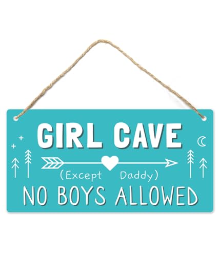 Fun-Plus Girl Cave Sign, 12″x6″ PVC Plastic Wall Decoration Hanging Sign, High Precision Printing, Water Proof, Girls Only Room Decor, No Boys Allowed Except Daddy for Girls Bedroom - Image 1