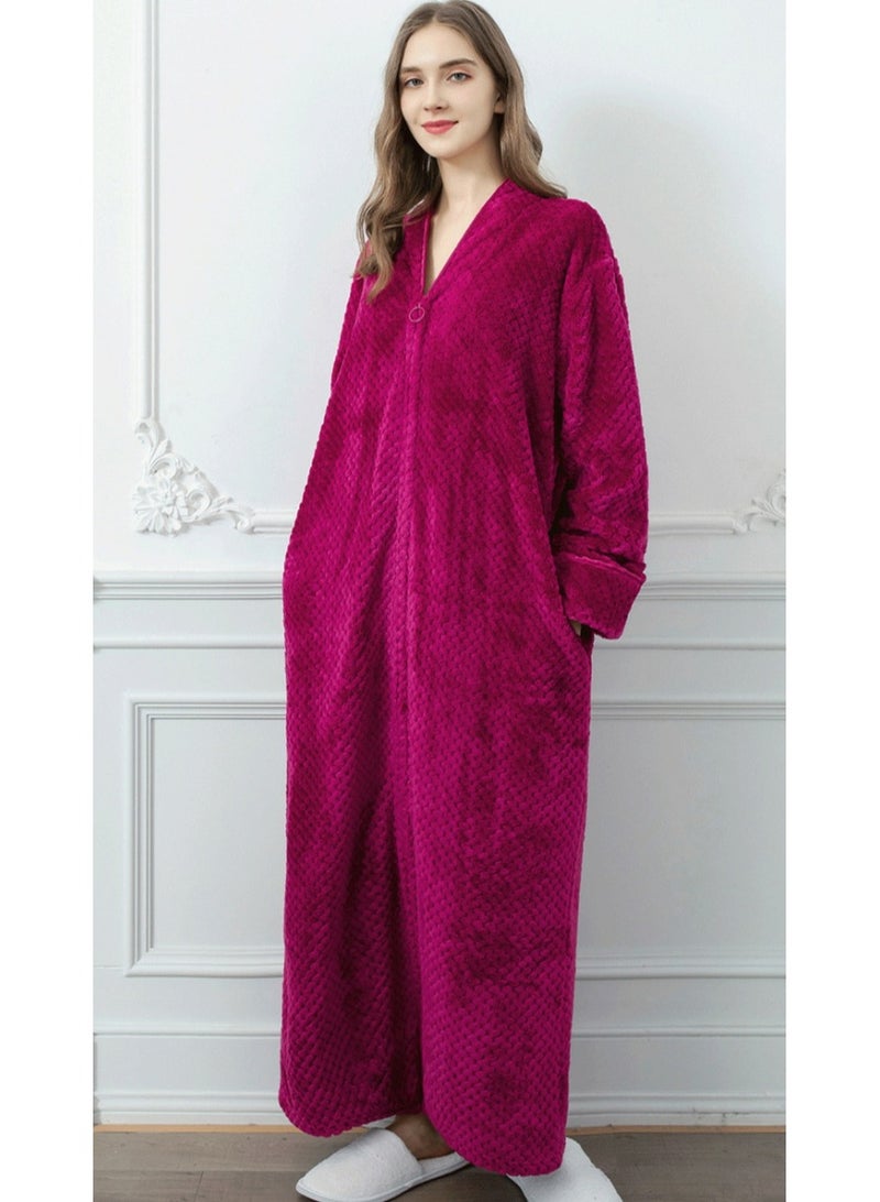 إسكدنيا جنس واحد الشتاء طويل سميكة زيبر فستان ليلي فلانيل رداء حمام بيجاما ورد وردي - Image 2
