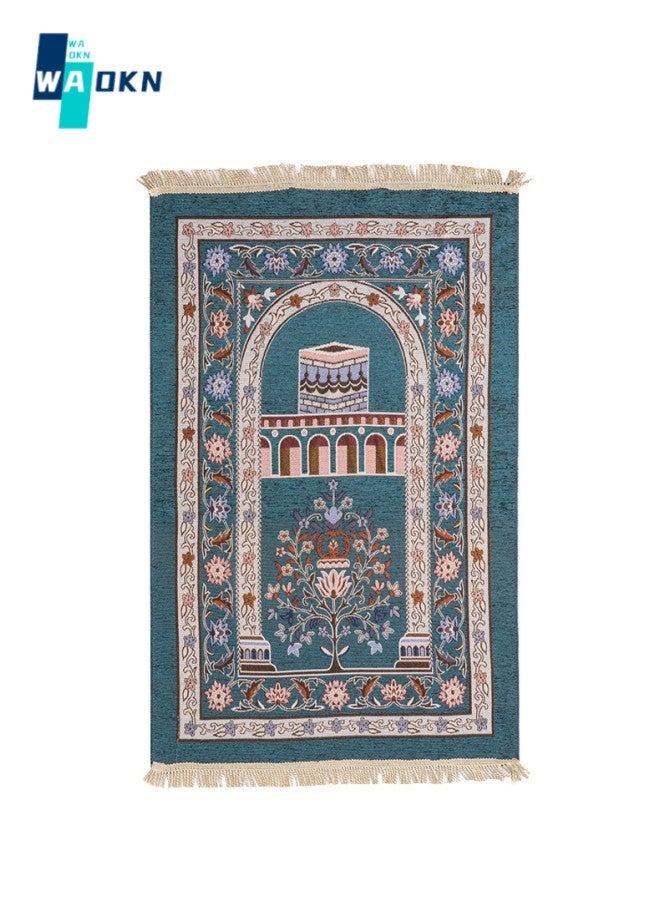 WAOKN Blue Chenille Prayer Rug, Non-slip Muslim Mat Qibla Rug, Islamic Prayer Mat - Islamic Rosary for Kids Men Women, Suitable for Eid Travel Ramadan, Soft and Luxurious, Perfect for Knees and Forehead  - Image 1