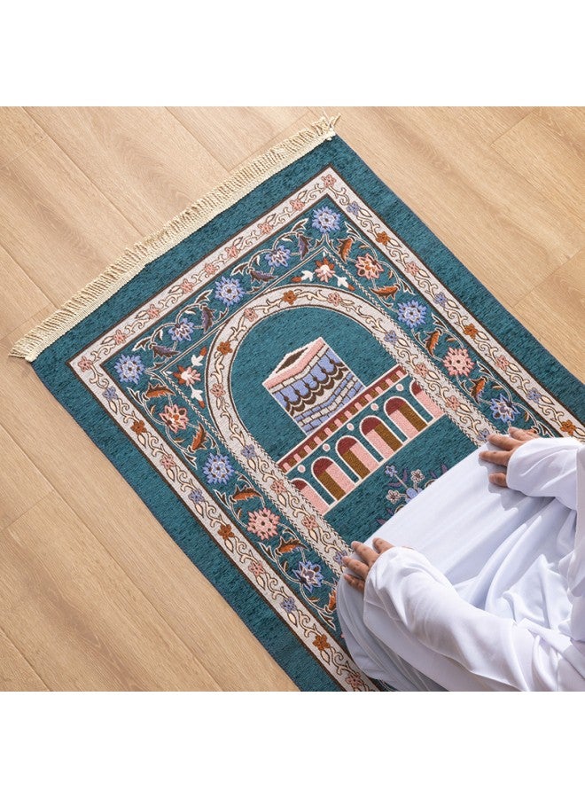 WAOKN Blue Chenille Prayer Rug, Non-slip Muslim Mat Qibla Rug, Islamic Prayer Mat - Islamic Rosary for Kids Men Women, Suitable for Eid Travel Ramadan, Soft and Luxurious, Perfect for Knees and Forehead  - Image 2