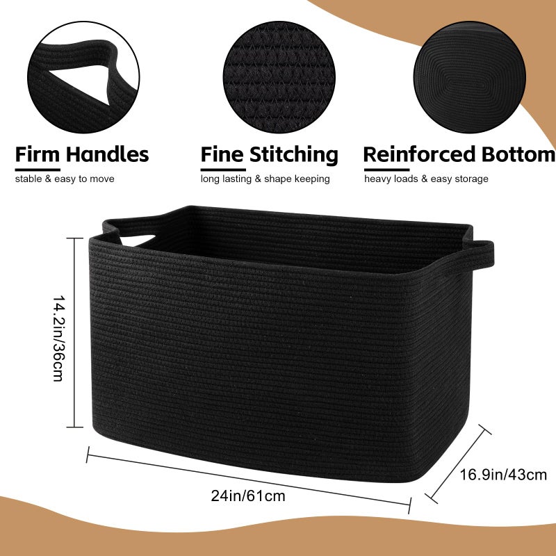 OIASKET 95L Extra Large Blanket Basket, 24" x 16.9" x 14.2" Woven Storage Basket for Living Room, Rectangle Nursery Blanket Storage for Toys, Towels, Dirty Clothes (Black) - Image 2