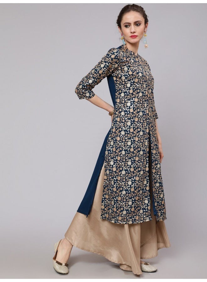 AKS كُرتا مستقيم مزخرف بتطريز أاري باللون الأزرق - Image 3