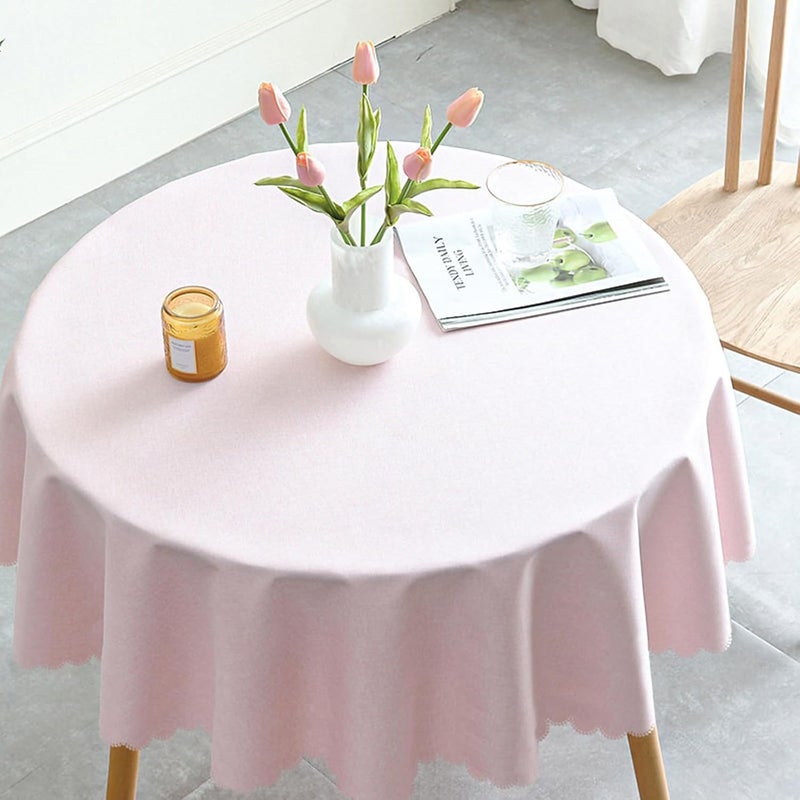 Qubjus Solid Color Round Tablecloth Cotton Linen Waterproof Oilproof Delicate Floral Edge Washable Decorative Table Cover for Kitchen Dining Parties Round48 Pink - Image 1