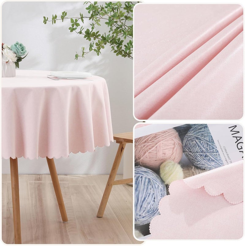 Qubjus Solid Color Round Tablecloth Cotton Linen Waterproof Oilproof Delicate Floral Edge Washable Decorative Table Cover for Kitchen Dining Parties Round48 Pink - Image 2