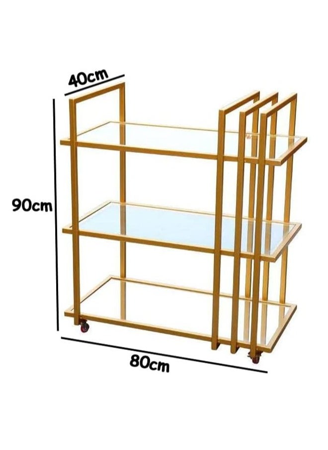HOME TASTE Modern Metal Serving Cart With Locking Casters – Versatile Bar Trolley, Kitchen Storage Rack, And Catering Cart With Durable 1.3Cm Metal Frame, Clear And Mirror Shelves Gold, Small  - Image 2