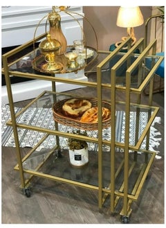 HOME TASTE Modern Metal Serving Cart With Locking Casters – Versatile Bar Trolley, Kitchen Storage Rack, And Catering Cart With Durable 1.3Cm Metal Frame, Clear And Mirror Shelves Gold, Small  - Image 3
