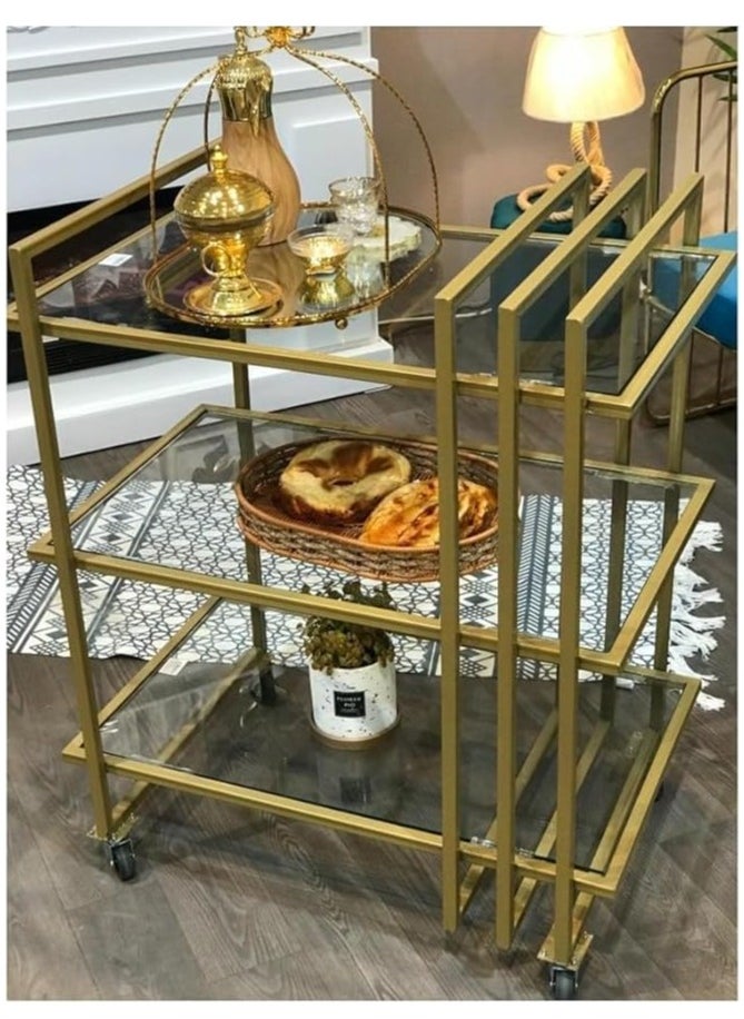 HOME TASTE Modern Metal Serving Cart With Locking Casters – Versatile Bar Trolley, Kitchen Storage Rack, And Catering Cart With Durable 1.3Cm Metal Frame, Clear And Mirror Shelves Gold, Small  - Image 3