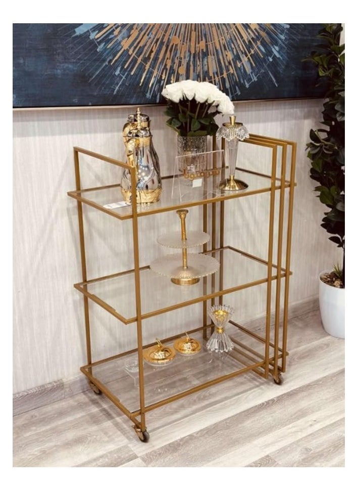 HOME TASTE Modern Metal Serving Cart With Locking Casters – Versatile Bar Trolley, Kitchen Storage Rack, And Catering Cart With Durable 1.3Cm Metal Frame, Clear And Mirror Shelves Gold, Small  - Image 4