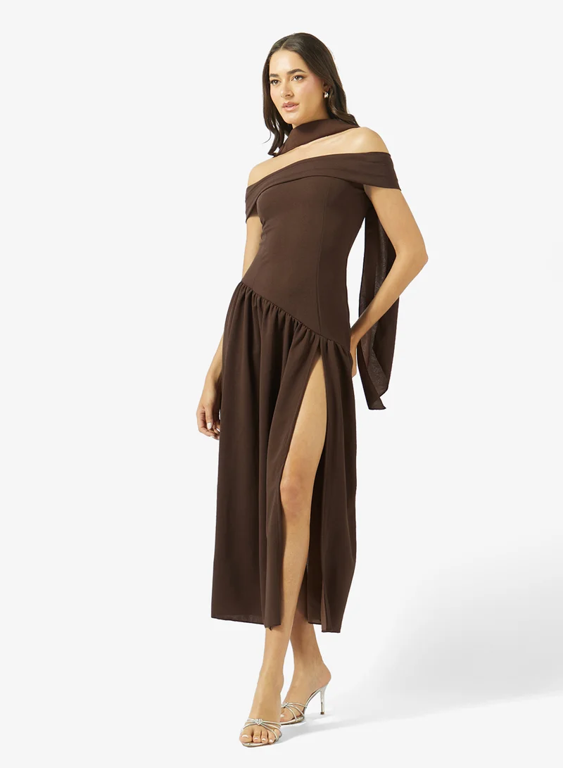 Off Shoulder Drop Waist Dress with Scarf