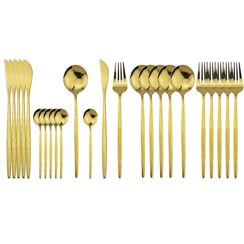 JASHII Stainless Steel Titanium Plated Golden Flatware Set 24 Piece Golden Silverware Set for 6 Shiny