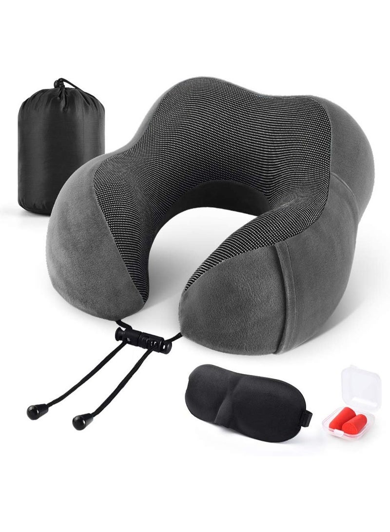 فولانري وسادة سفر، وسادة رقبة من إسفنج الذاكرة مع دعم للرأس 360 درجة، وسادة دعم للرقبة والرأس لراحة النوم والسيارة، طقم وسائد للسفر مع حقيبة تخزين، قناع النوم وسدادات الأذن (رمادي داكن) - Image 1