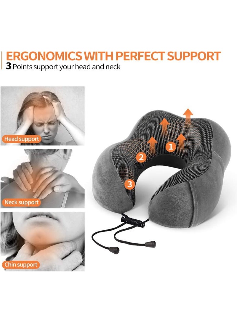 فولانري وسادة سفر، وسادة رقبة من إسفنج الذاكرة مع دعم للرأس 360 درجة، وسادة دعم للرقبة والرأس لراحة النوم والسيارة، طقم وسائد للسفر مع حقيبة تخزين، قناع النوم وسدادات الأذن (رمادي داكن) - Image 3