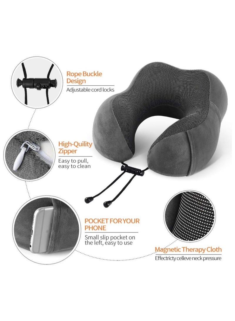 فولانري وسادة سفر، وسادة رقبة من إسفنج الذاكرة مع دعم للرأس 360 درجة، وسادة دعم للرقبة والرأس لراحة النوم والسيارة، طقم وسائد للسفر مع حقيبة تخزين، قناع النوم وسدادات الأذن (رمادي داكن) - Image 4