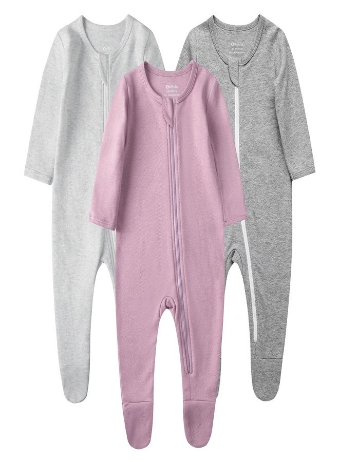 Owlivia Organic Cotton Baby Pajamas, Boys Girls 3-Pack Zip Front Sleep 'N Play, Footed Sleeper, Long Sleeve(12-18 Months, Mauve&Light Grey&Dark Grey) - Image 1