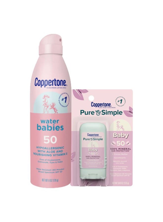 Coppertone WaterBabies Baby Sunscreen Spray SPF 50 (6 Oz) + Pure and Simple Baby Mineral Sunscreen Stick SPF 50 with Zinc Oxide, Tear Free (0.49 Oz) Hypoallergenic and Oxybenzone Free - Image 1