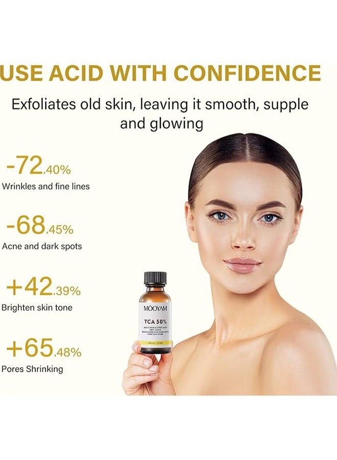 MOOYAM TCA 50% Peel Solution 30ml, with Malic Acid & Citric Acid Peeling Serum, Anti-Aging Reduce Acne and Dark Spots Even Skin Tone  - Image 2