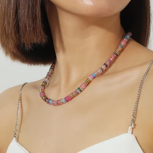 Qitian Beaded Gemstone Necklace for Women Colorful Boho Bead Choker Necklace Natural Stone Freshwater Pearl Surfer Beach Necklace 14K Gold Plated Summer Handmade Jewelry Gifts for Bestfriend - Image 3
