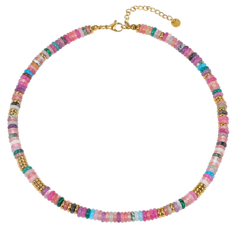 Qitian Beaded Gemstone Necklace for Women Colorful Boho Bead Choker Necklace Natural Stone Freshwater Pearl Surfer Beach Necklace 14K Gold Plated Summer Handmade Jewelry Gifts for Bestfriend - Image 2