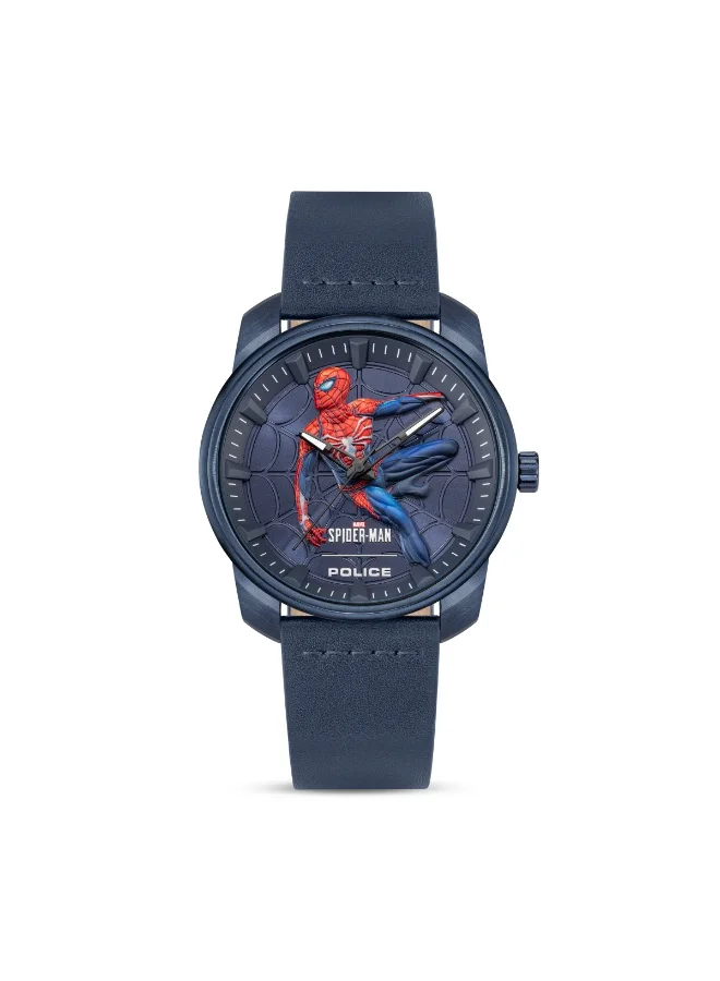 بوليس ساعة رجالية إصدار الأبطال الخارقين بقرص رمادي وحزام جلد أزرق 44 مم