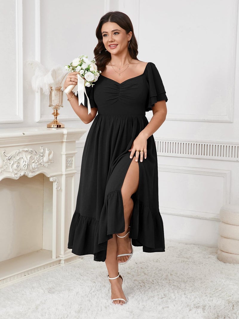 SCOMCHIC Womens Plus Size Wedding Guest Cocktail Dresses Sweetheart Neckline Short Sleeve Smocked Ruffle Slit Maxi Dress Black - Image 4