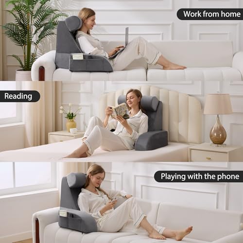 Velorose Reading Pillow for Sitting in Bed Adult, Back Pillow for Bed Sitting up, Backrest Pillow with Arms, Back Support Pillows for Gaming Lounging Watching TV, Large 21" Grey - Image 4