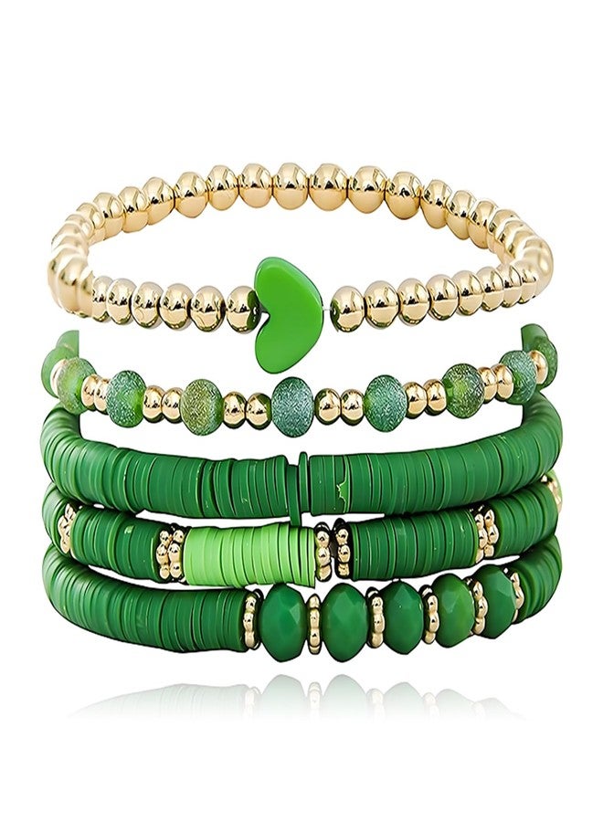 RLHRNDE Valentines Bracelet for Women Men Fashion Love Boho Stackable Clay Bead Stretch Bracelet Heishi Surfer Bracelets Set Valentines Accessories Jewelry Gifts (Green) - Image 1