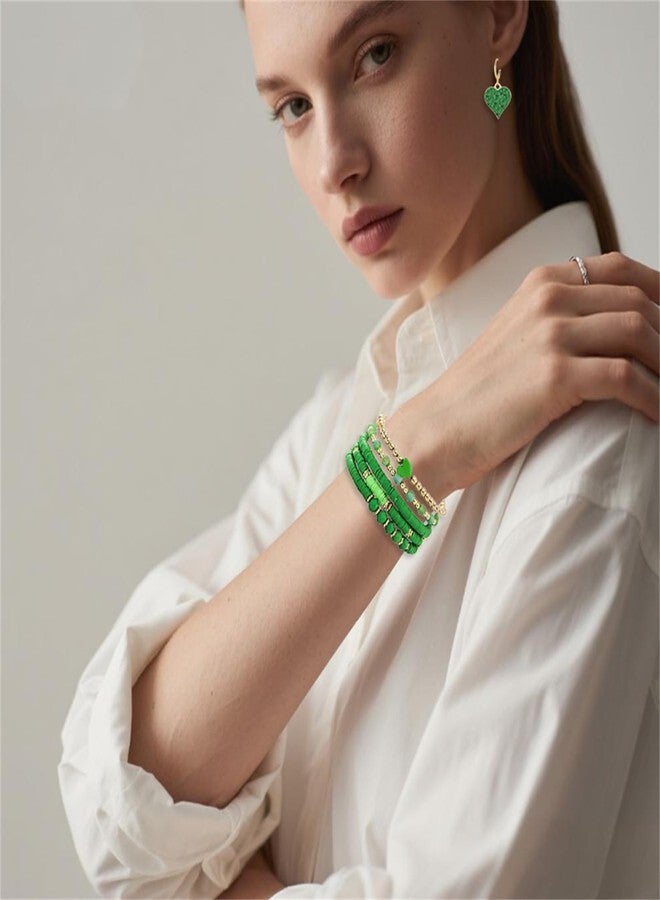 RLHRNDE Valentines Bracelet for Women Men Fashion Love Boho Stackable Clay Bead Stretch Bracelet Heishi Surfer Bracelets Set Valentines Accessories Jewelry Gifts (Green) - Image 3