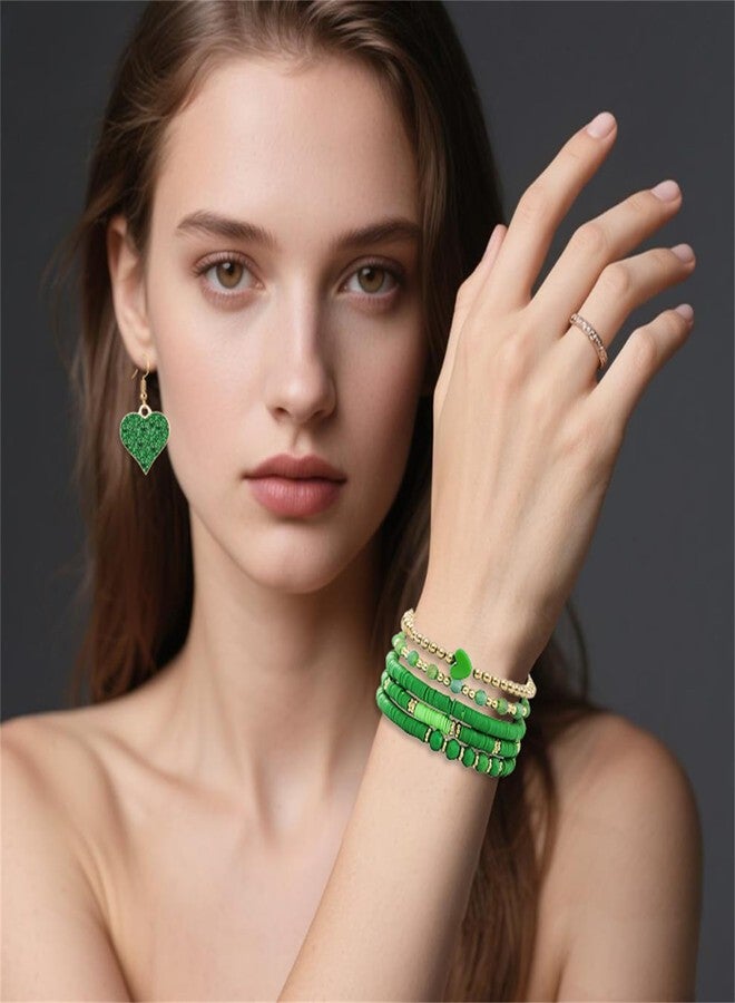 RLHRNDE Valentines Bracelet for Women Men Fashion Love Boho Stackable Clay Bead Stretch Bracelet Heishi Surfer Bracelets Set Valentines Accessories Jewelry Gifts (Green) - Image 4