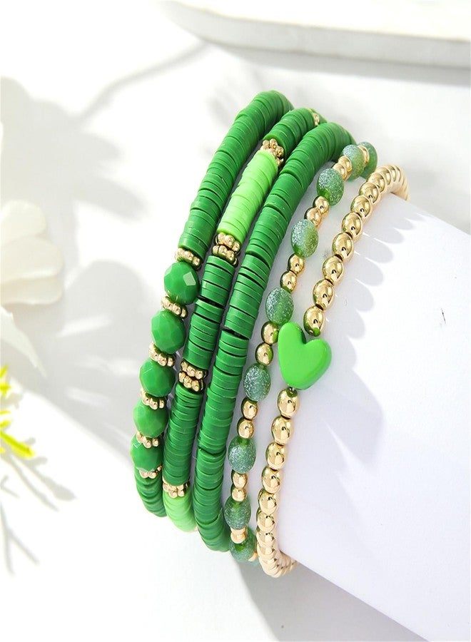 RLHRNDE Valentines Bracelet for Women Men Fashion Love Boho Stackable Clay Bead Stretch Bracelet Heishi Surfer Bracelets Set Valentines Accessories Jewelry Gifts (Green) - Image 5