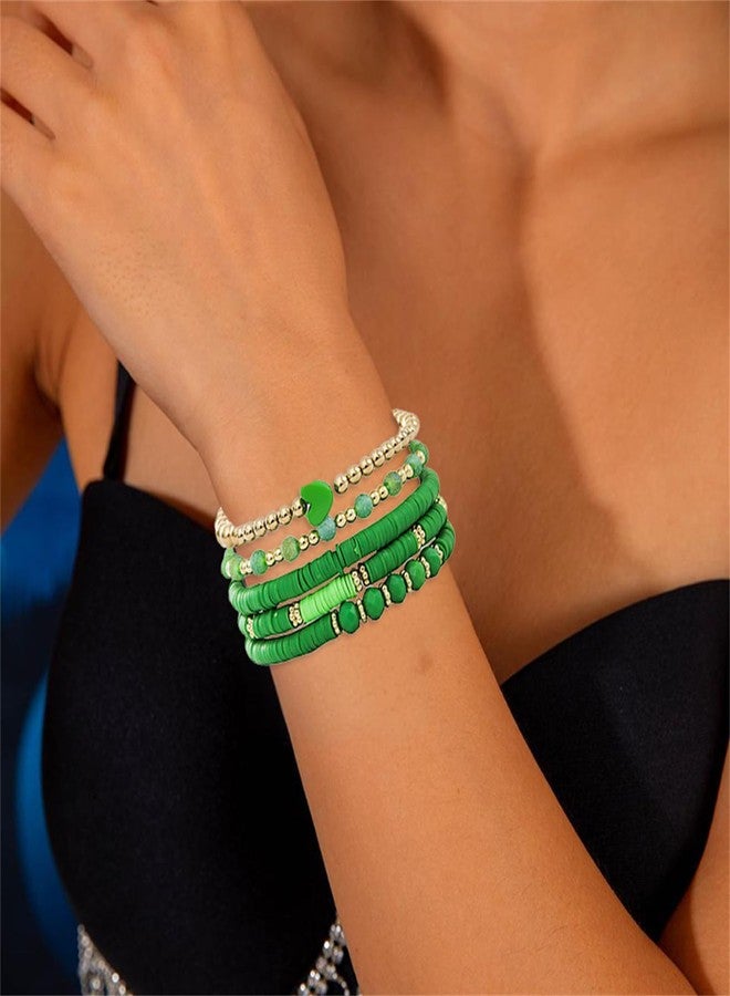RLHRNDE Valentines Bracelet for Women Men Fashion Love Boho Stackable Clay Bead Stretch Bracelet Heishi Surfer Bracelets Set Valentines Accessories Jewelry Gifts (Green) - Image 2