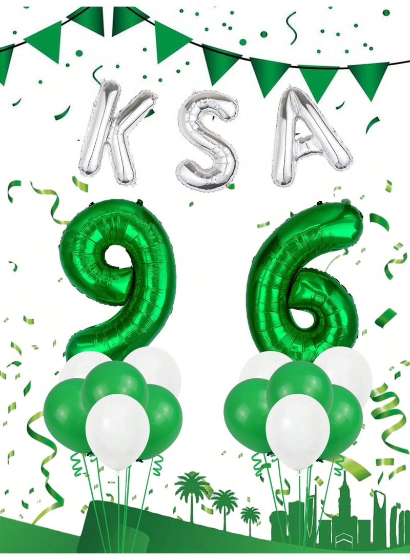 Saudi National Day Decorations With Green Number 96 Balloons, Silver KSA Letter Balloons And Green And White Balloons, 25 Pieces, 32 And 16 Inches, For Saudi National Day Party Decor - Image 2