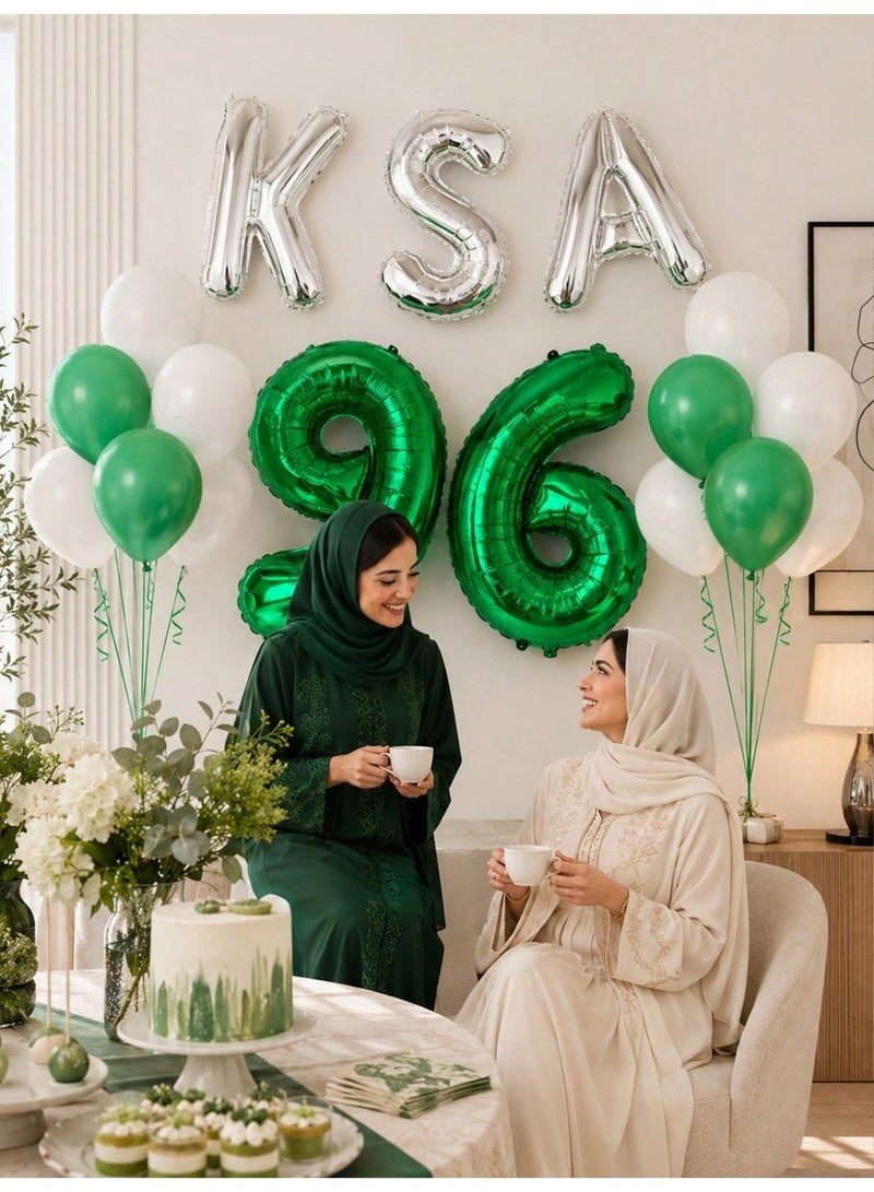 Saudi National Day Decorations With Green Number 96 Balloons, Silver KSA Letter Balloons And Green And White Balloons, 25 Pieces, 32 And 16 Inches, For Saudi National Day Party Decor - Image 3
