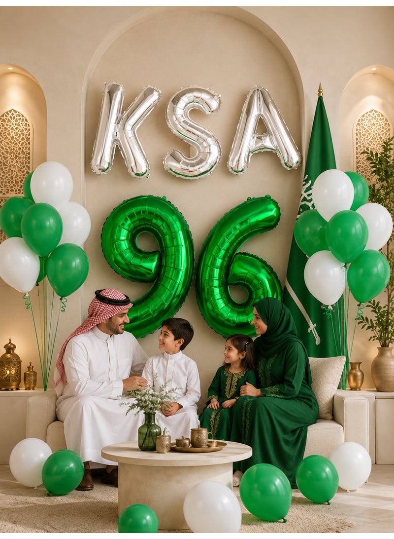 Saudi National Day Decorations With Green Number 96 Balloons, Silver KSA Letter Balloons And Green And White Balloons, 25 Pieces, 32 And 16 Inches, For Saudi National Day Party Decor - Image 1