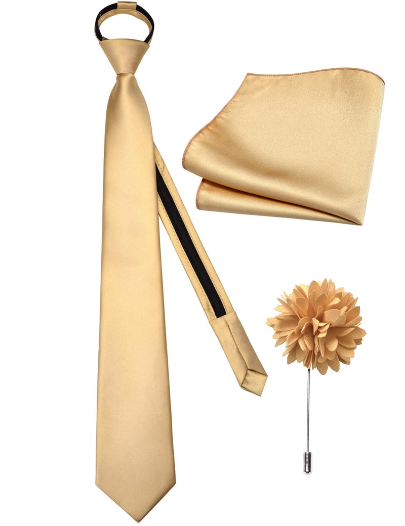 Branduce Mens Champagne Gold Tie for Wedding Pre-tied Adjustable Zipper Necktie Pocket Square and Lapel Pin Brooch Set (TA19-10) - Image 1