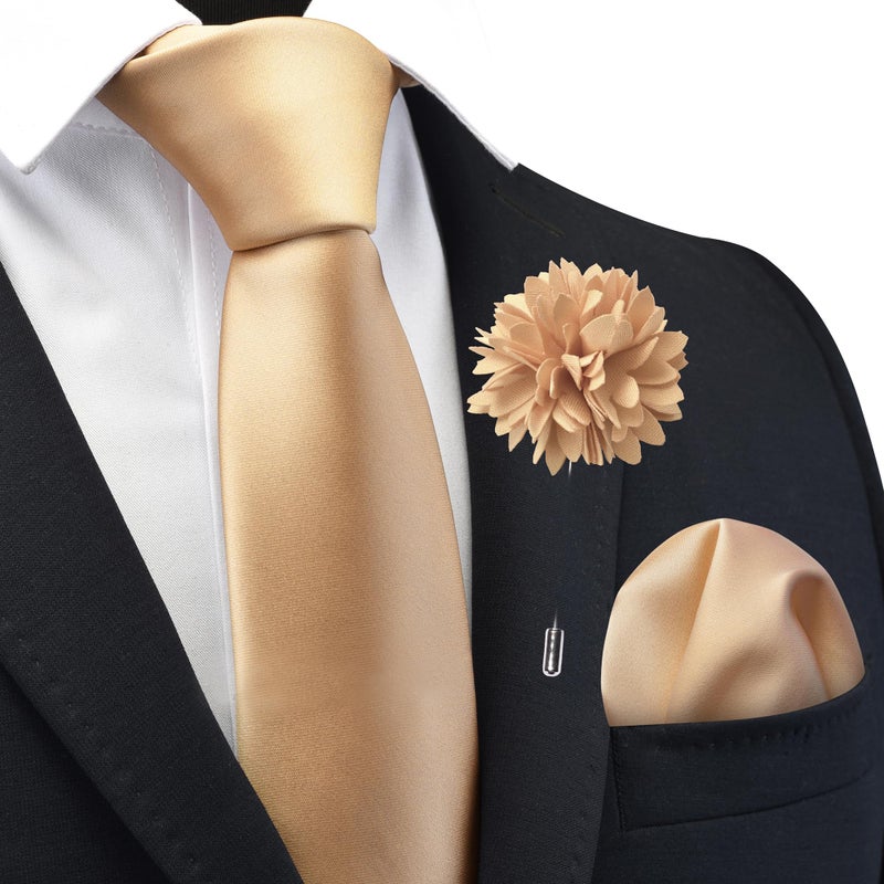 Branduce Mens Champagne Gold Tie for Wedding Pre-tied Adjustable Zipper Necktie Pocket Square and Lapel Pin Brooch Set (TA19-10) - Image 2
