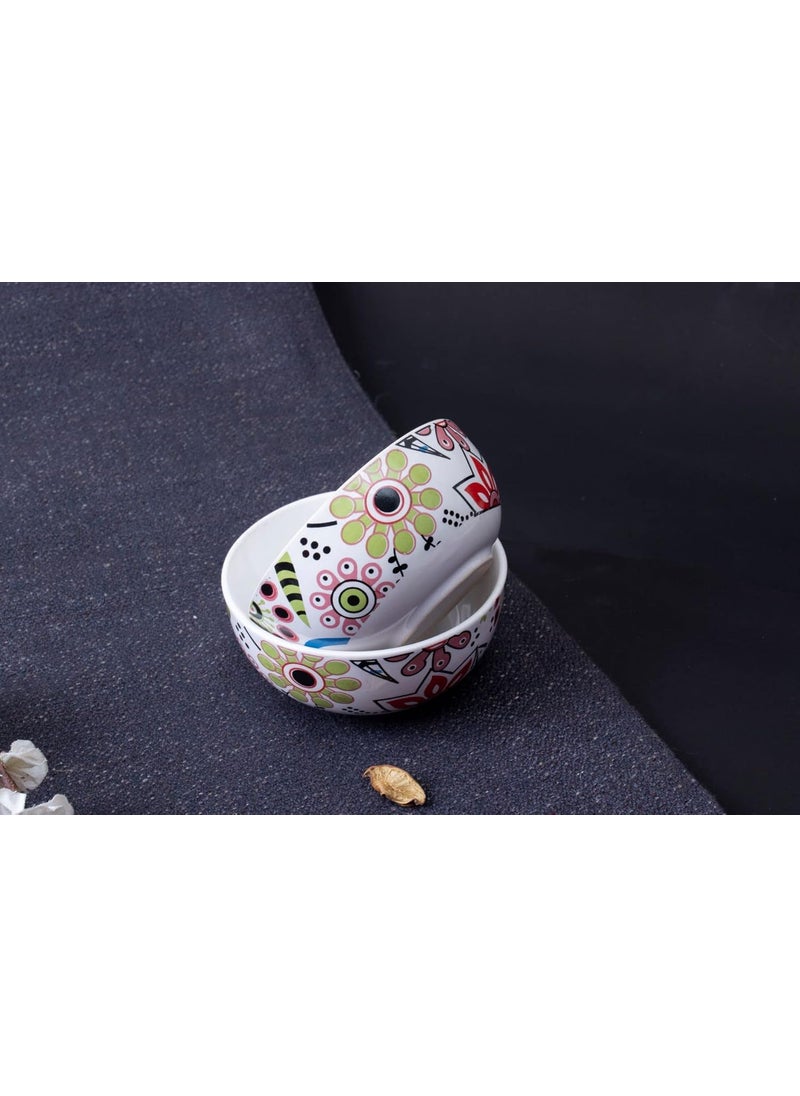 Caffeine Caffeine Ceramic Handmade Multicolour Flower Design Combo Dinner Set 3 Pieces (1 Dinner Plate, 2 Katori Bowl Dishwasher & Microwave Safe)  - Image 2