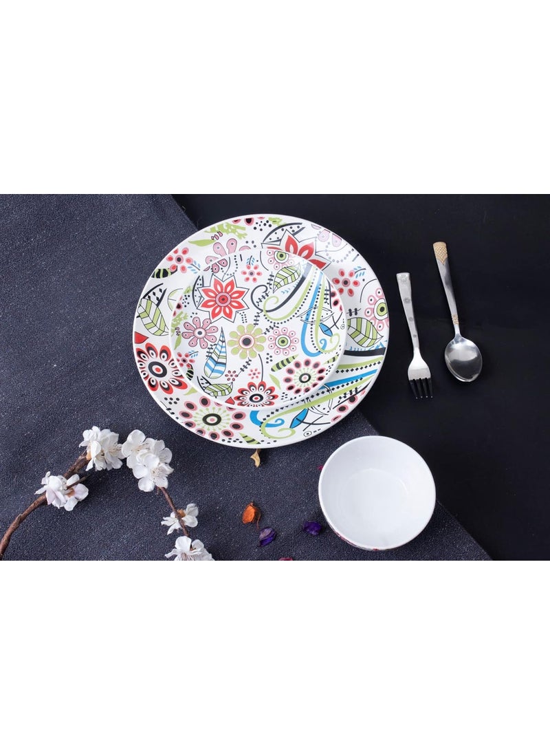 Caffeine Caffeine Ceramic Handmade Multicolour Flower Design Combo Dinner Set 3 Pieces (1 Dinner Plate, 2 Katori Bowl Dishwasher & Microwave Safe)  - Image 1