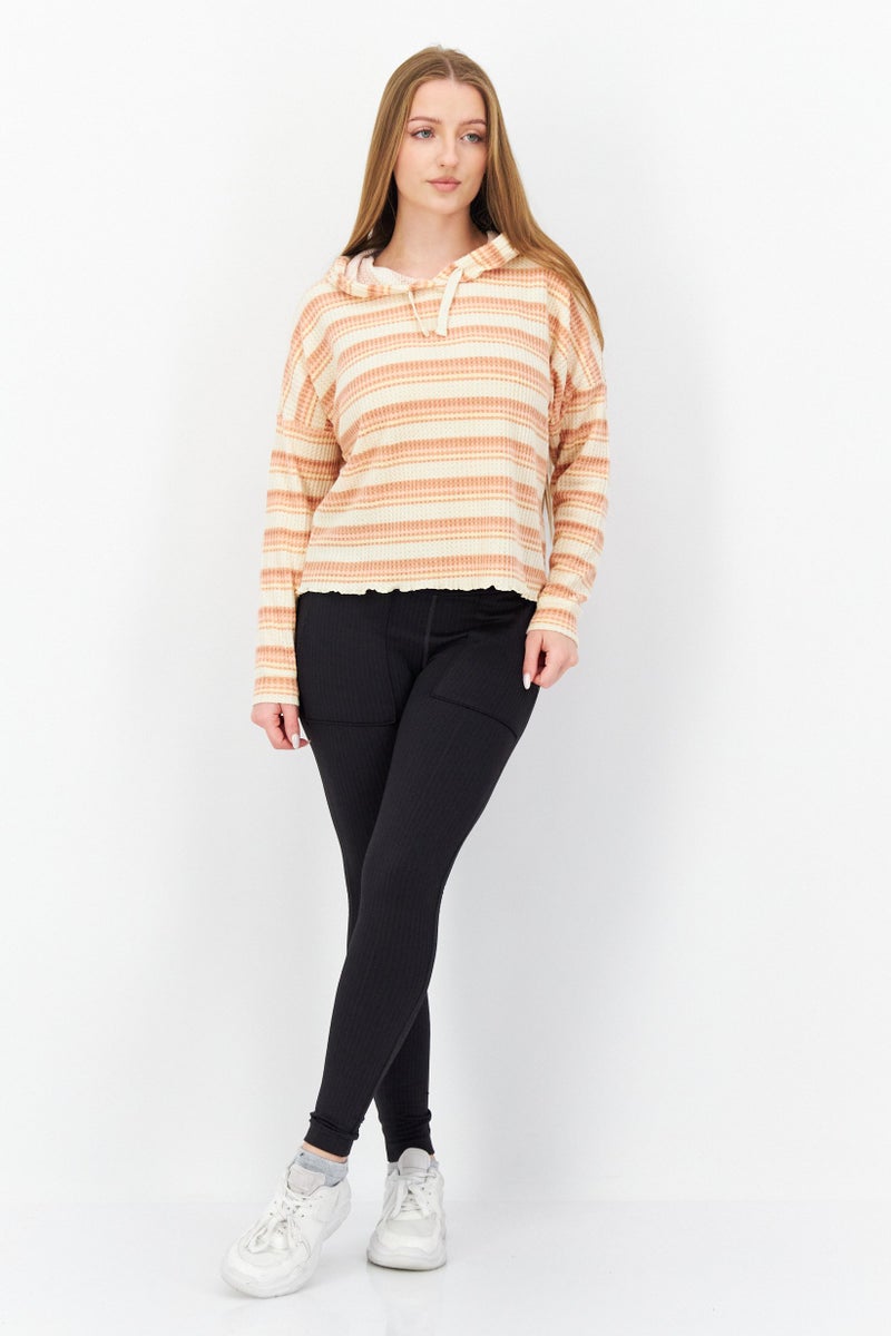 Roxy Women Hooded Long Sleeve Stripe Crop Sweatshirt, Beige Combo - Image 2