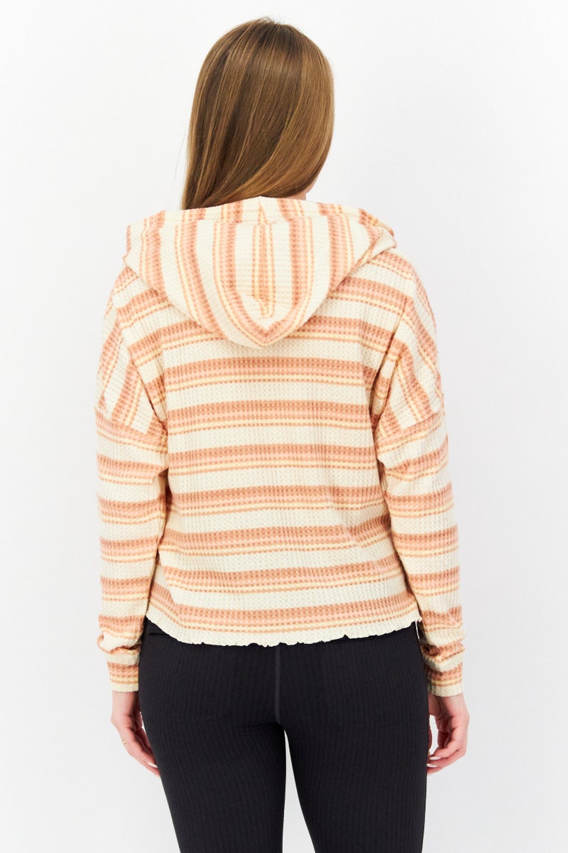 Roxy Women Hooded Long Sleeve Stripe Crop Sweatshirt, Beige Combo - Image 4