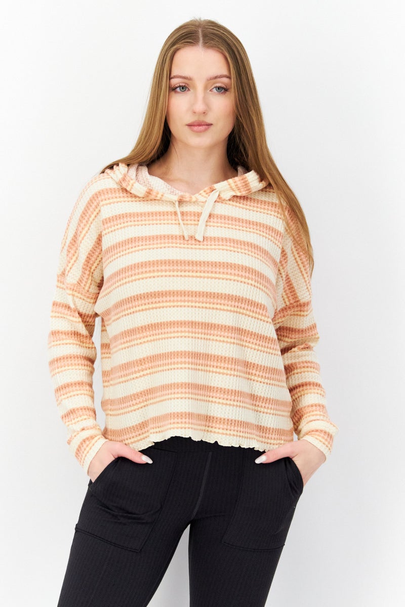 Roxy Women Hooded Long Sleeve Stripe Crop Sweatshirt, Beige Combo - Image 1