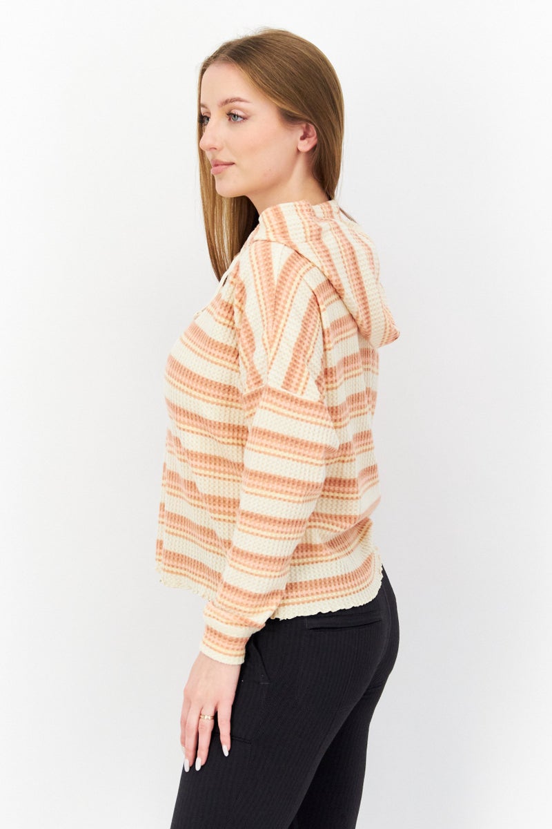Roxy Women Hooded Long Sleeve Stripe Crop Sweatshirt, Beige Combo - Image 3